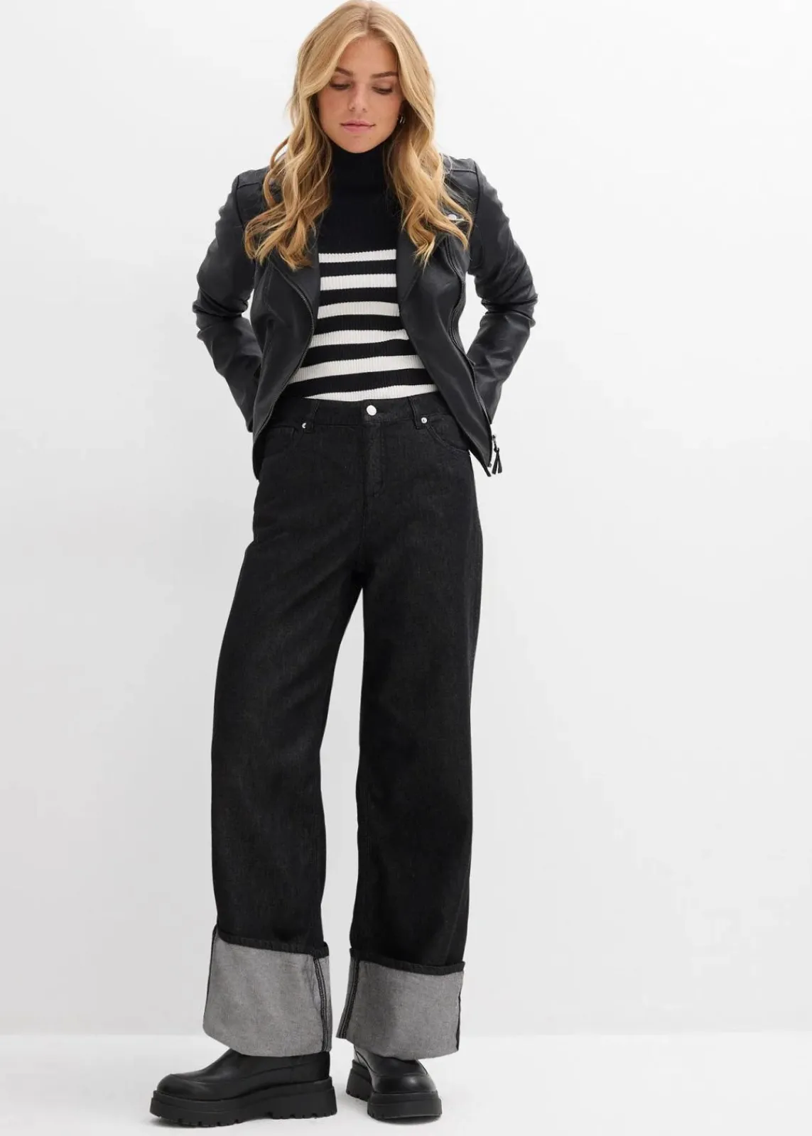 bonprix Kurzgrößen|Bekleidung·Shirts & Tops^Baggy-Jeans Mid Waist schwarz denim
