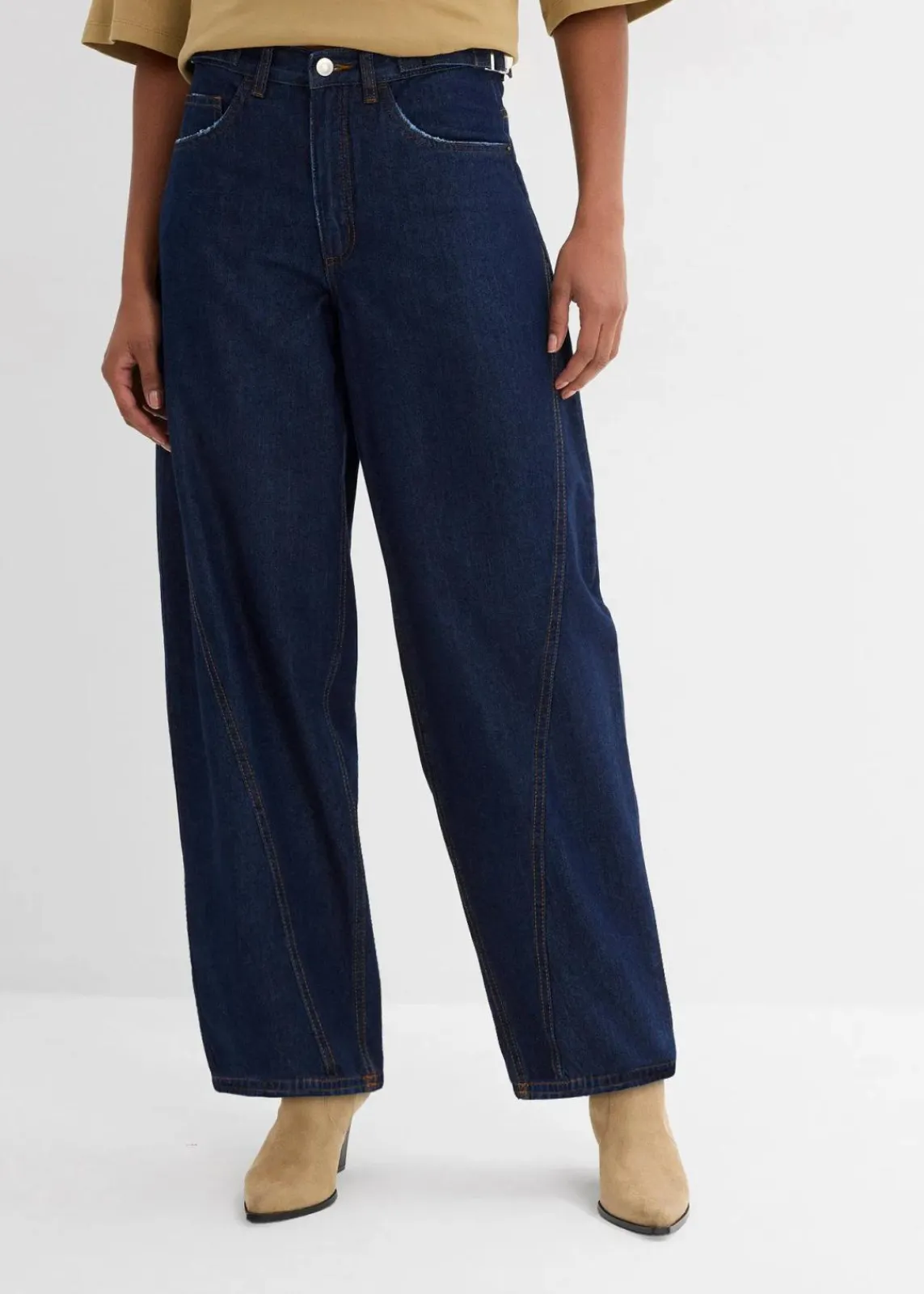 bonprix Bekleidung·Shirts & Tops|Kurzgrößen^Balloon-Jeans, Mid Waist tiefblau denim ungewaschen