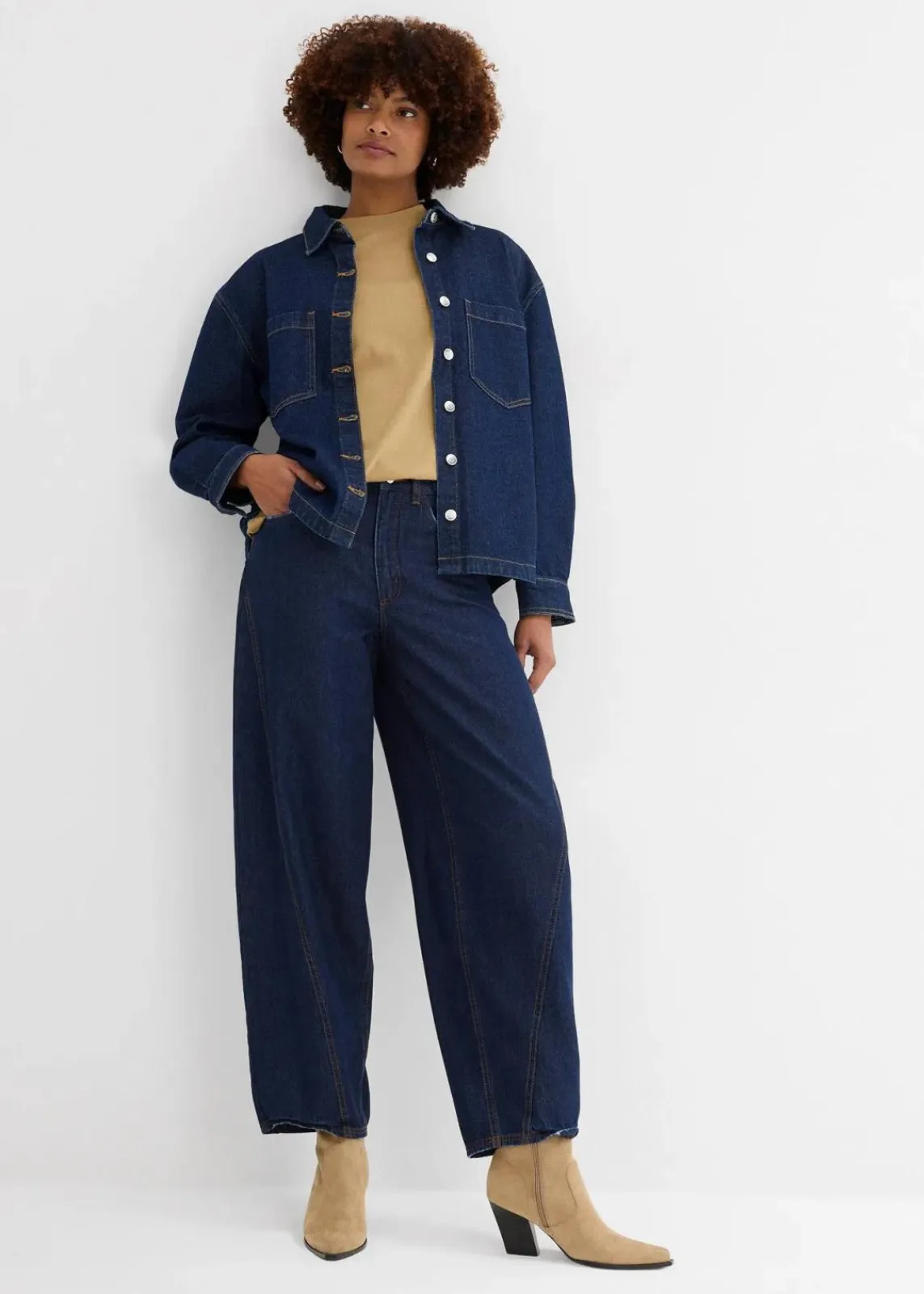 bonprix Bekleidung·Shirts & Tops|Kurzgrößen^Balloon-Jeans, Mid Waist tiefblau denim ungewaschen