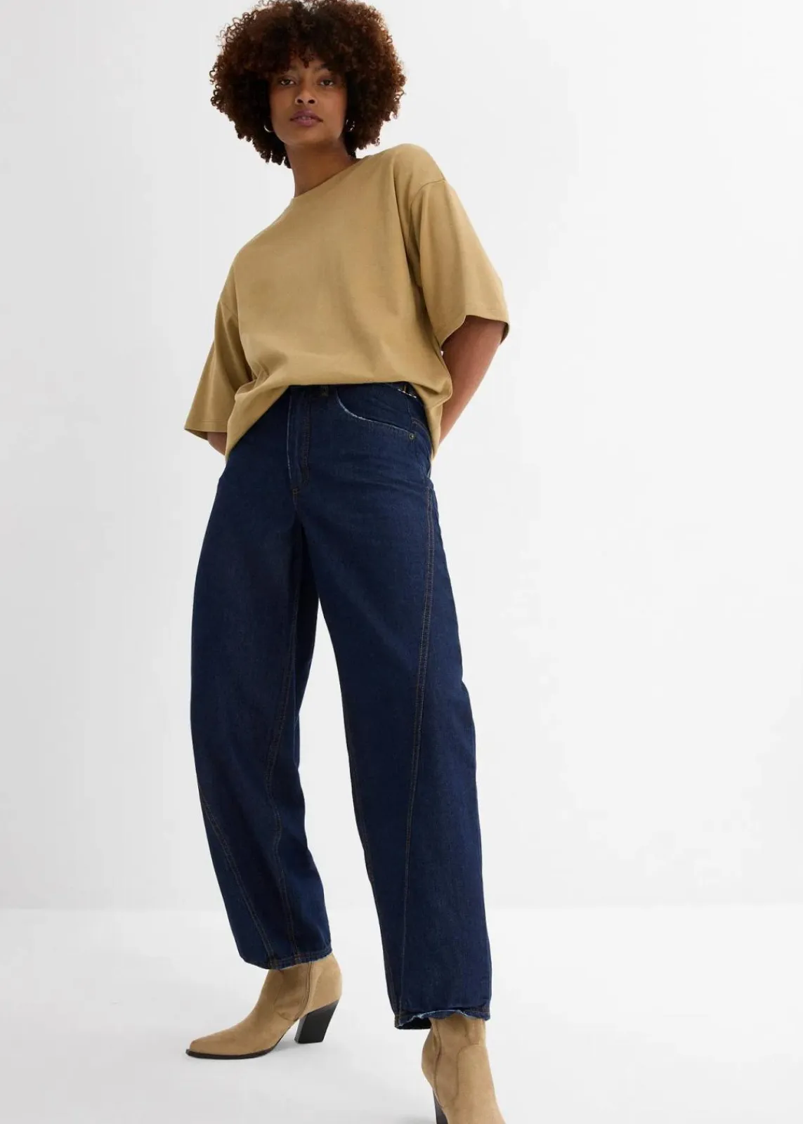 bonprix Bekleidung·Shirts & Tops|Kurzgrößen^Balloon-Jeans, Mid Waist tiefblau denim ungewaschen
