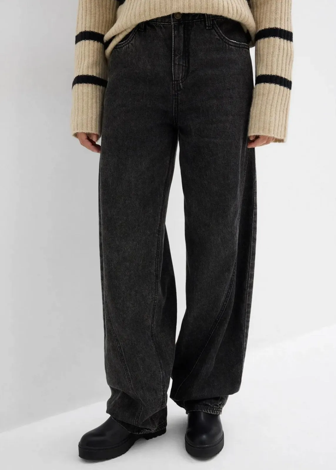 bonprix Jeans|Kurzgrößen^Balloon-Jeans, Mid Waist schwarz denim used