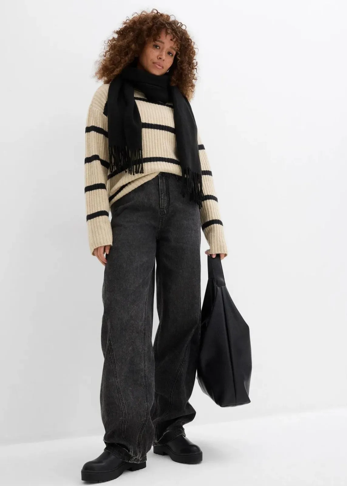 bonprix Jeans|Kurzgrößen^Balloon-Jeans, Mid Waist schwarz denim used