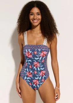 bonprix Nachhaltigere Materialien|Nachhaltigere Materialien^Bandeau-Badeanzug mit breiten Trägern blau/rosa bedruckt