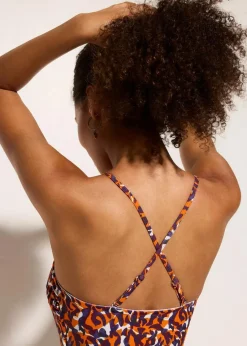 bonprix Nachhaltigere Materialien|Badeanzüge^Bandeau-Badeanzug mit Multiway-Trägern lila/hellbraun leo bedruckt