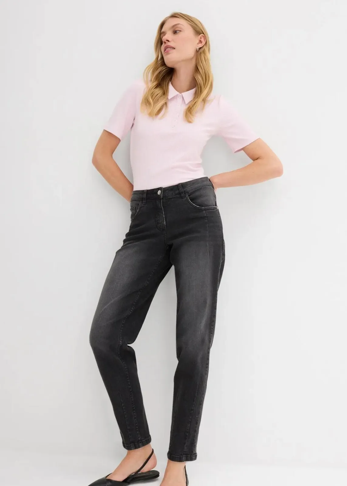 bonprix Jeans|Bekleidung·Shirts & Tops^Barrel-Jeans Mid Waist schwarz denim used