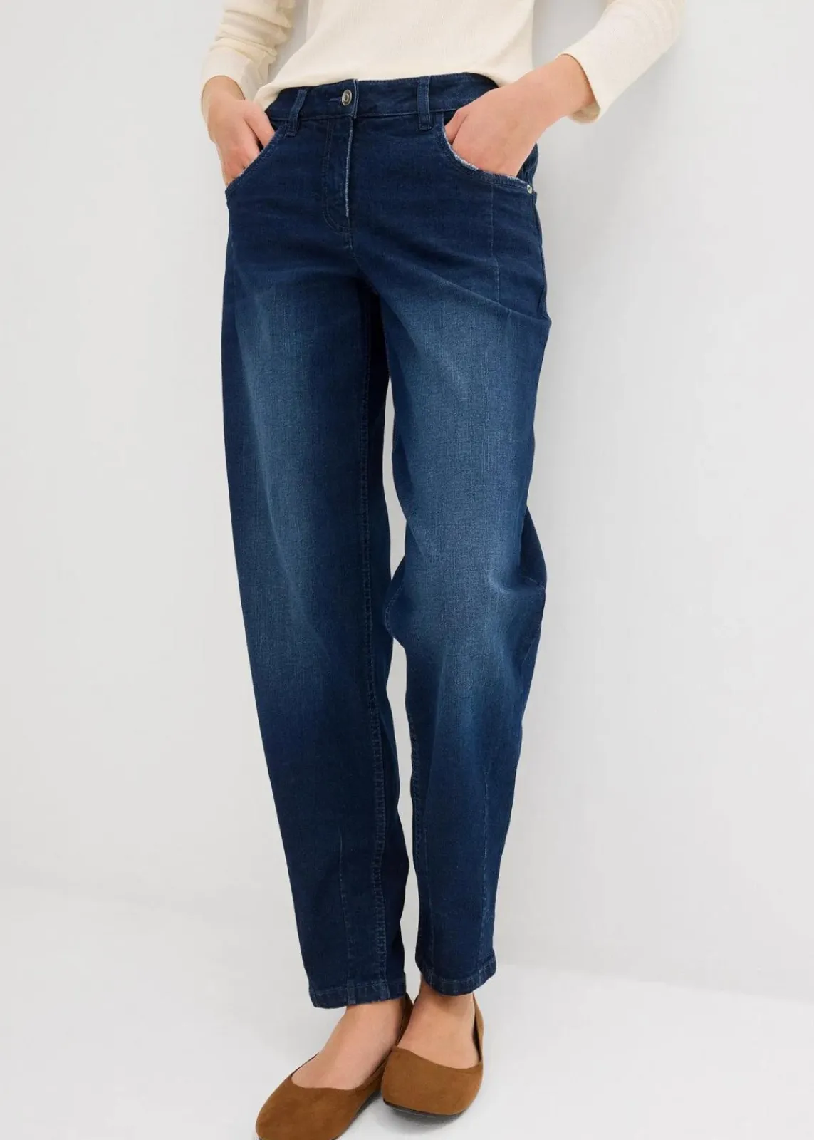 bonprix Bekleidung·Shirts & Tops|Jeans^Barrel-Jeans Mid Waist blau denim used