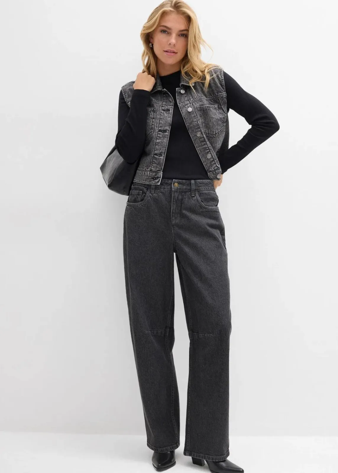 bonprix Jeans|Bekleidung·Shirts & Tops^Barrel-Jeans Mid Waist dunkelgrau denim used