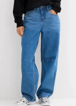 bonprix Bekleidung·Shirts & Tops|Jeans^Barrel-Jeans Mid Waist mittelblau denim used