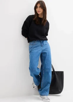 bonprix Bekleidung·Shirts & Tops|Jeans^Barrel-Jeans Mid Waist mittelblau denim used