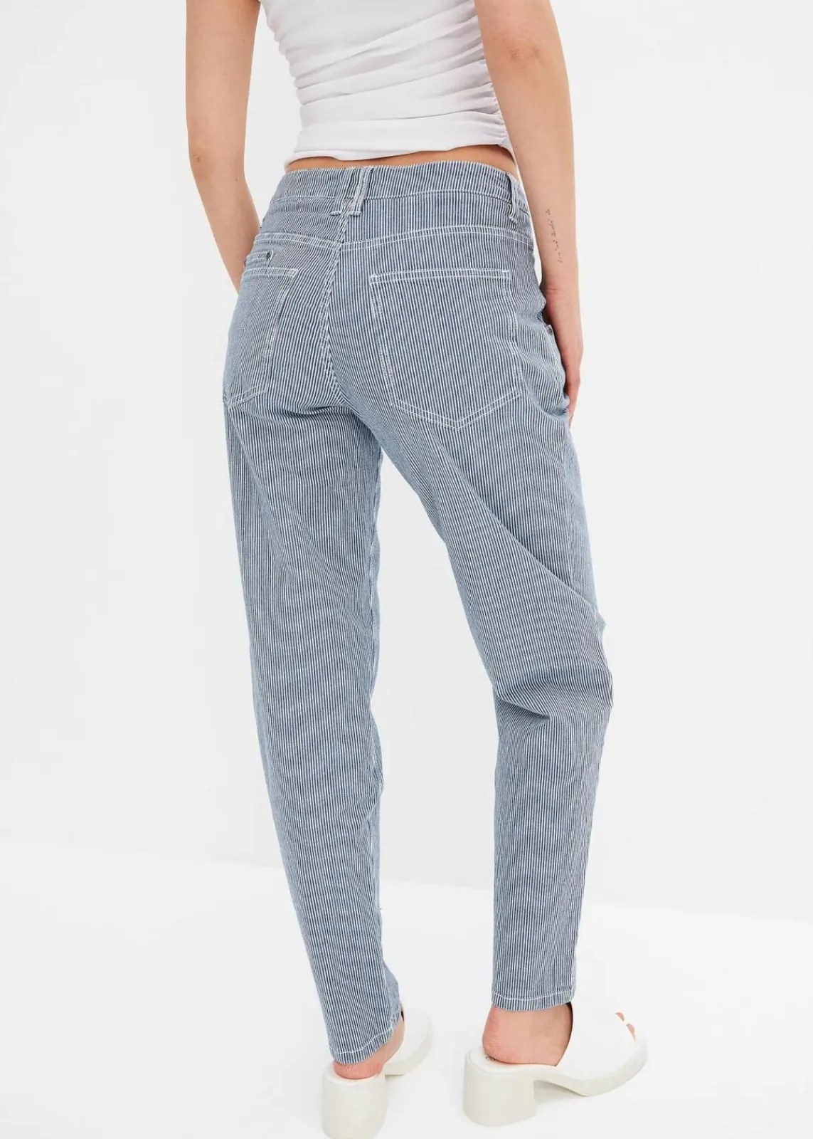 bonprix Bekleidung·Shirts & Tops|Jeans^Barrel-Jeans, Mid Waist, gestreift blau denim/weiß denim gestreift
