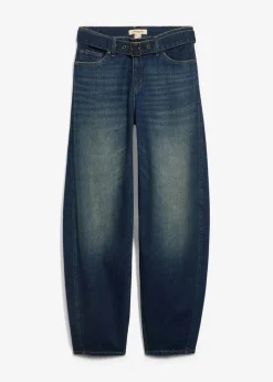 bonprix Jeans|Kurzgrößen^Barrel-Jeans Mid Waist mit Gürtel dunkelblau denim used