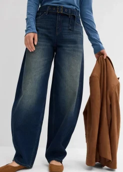 bonprix Jeans|Kurzgrößen^Barrel-Jeans Mid Waist mit Gürtel dunkelblau denim used
