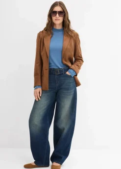 bonprix Jeans|Kurzgrößen^Barrel-Jeans Mid Waist mit Gürtel dunkelblau denim used