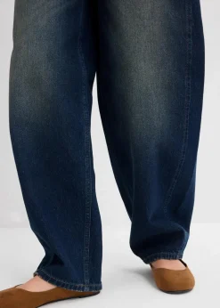 bonprix Jeans|Kurzgrößen^Barrel-Jeans Mid Waist mit Gürtel dunkelblau denim used