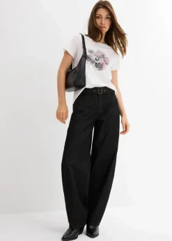 bonprix Kurzgrößen|Bekleidung·Shirts & Tops^Barrel-Jeans Mid Waist mit Gürtel dunkelgrau denim