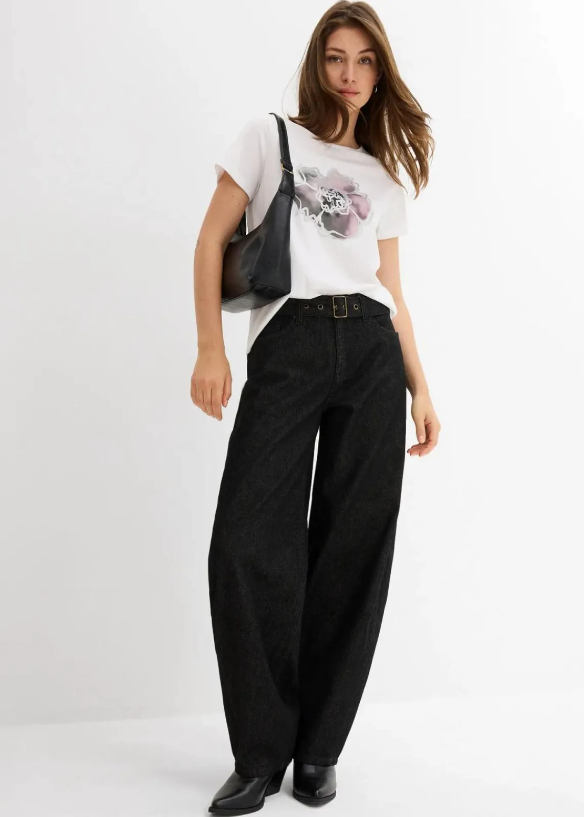 bonprix Kurzgrößen|Bekleidung·Shirts & Tops^Barrel-Jeans Mid Waist mit Gürtel dunkelgrau denim