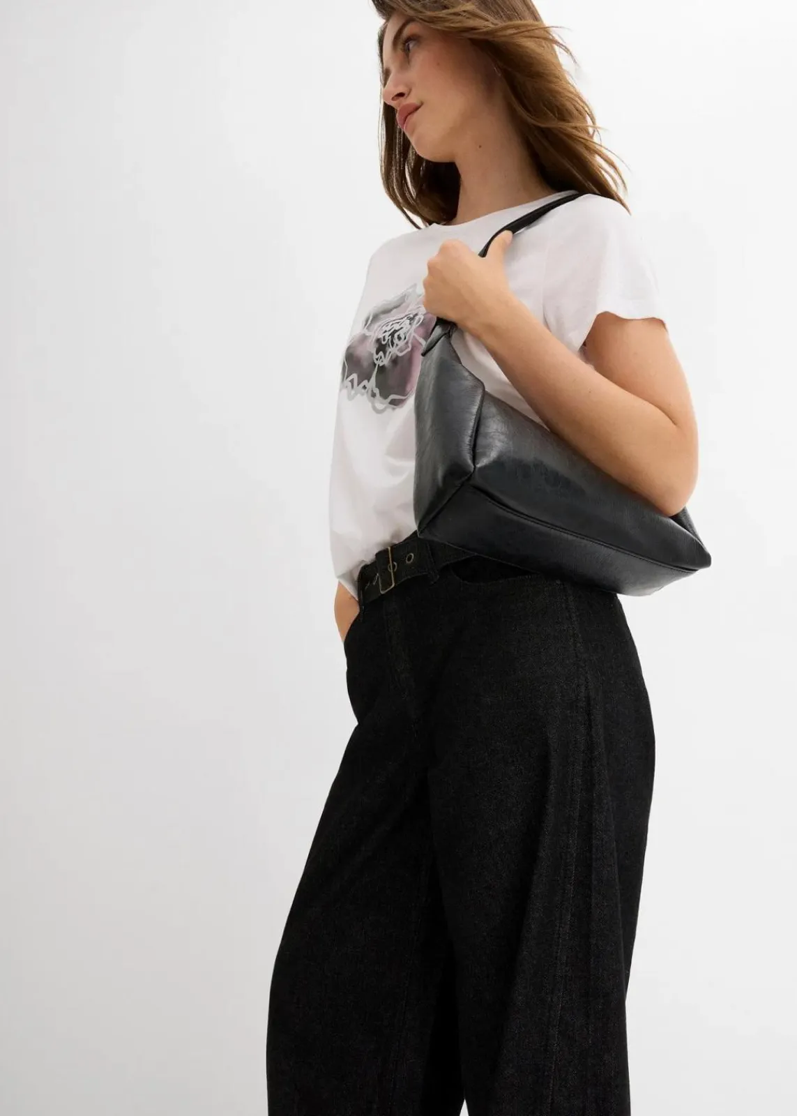 bonprix Kurzgrößen|Bekleidung·Shirts & Tops^Barrel-Jeans Mid Waist mit Gürtel dunkelgrau denim