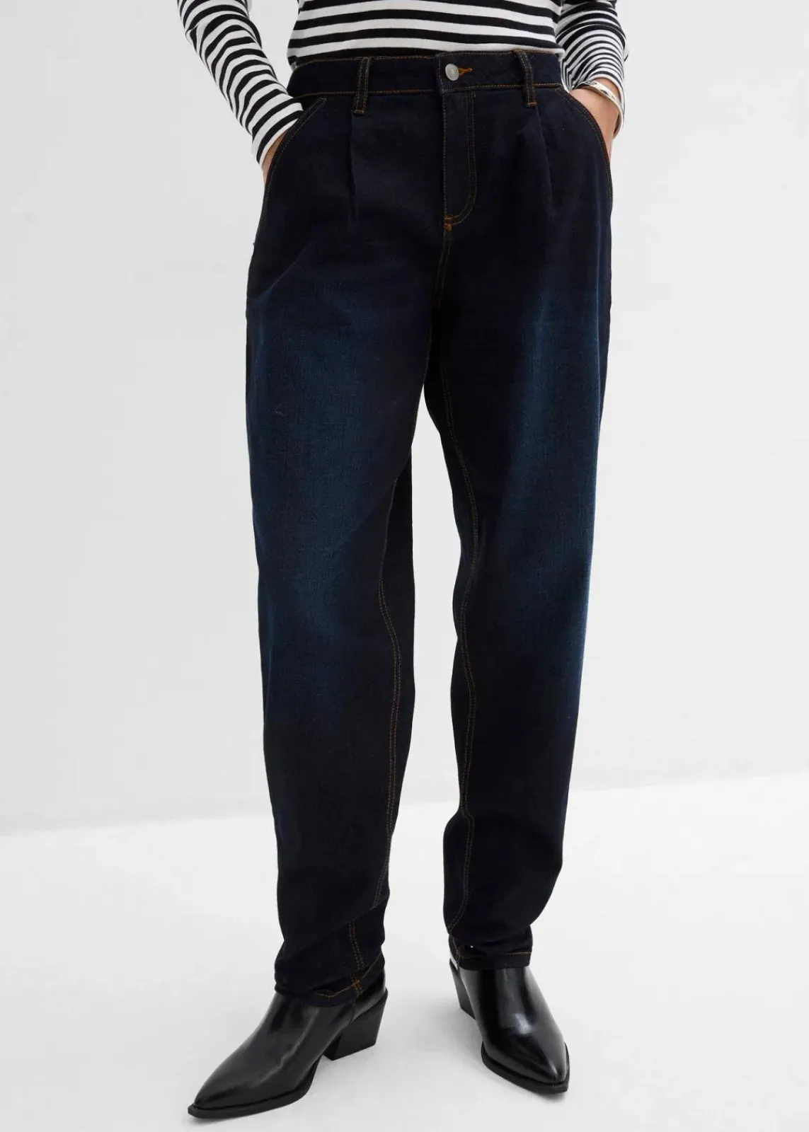 bonprix Bekleidung·Shirts & Tops|Jeans^Barrel-Jeans, Mid Waist, Stretch dunkelblau denim used