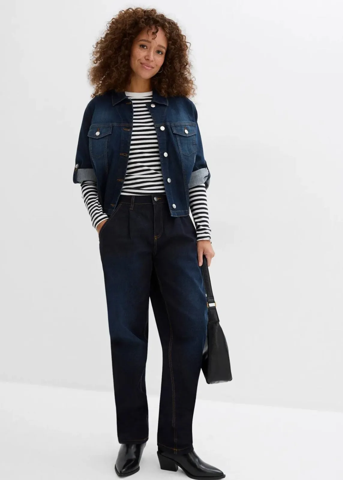 bonprix Bekleidung·Shirts & Tops|Jeans^Barrel-Jeans, Mid Waist, Stretch dunkelblau denim used
