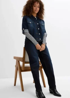 bonprix Bekleidung·Shirts & Tops|Jeans^Barrel-Jeans, Mid Waist, Stretch dunkelblau denim used