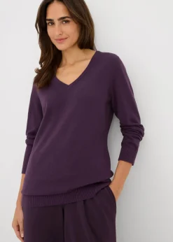 bonprix Strickmode|Pullover & Strickjacken^Basic Longpullover mit V-Ausschnitt pflaume