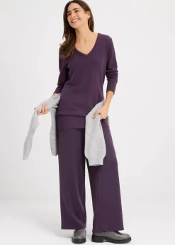 bonprix Strickmode|Pullover & Strickjacken^Basic Longpullover mit V-Ausschnitt pflaume