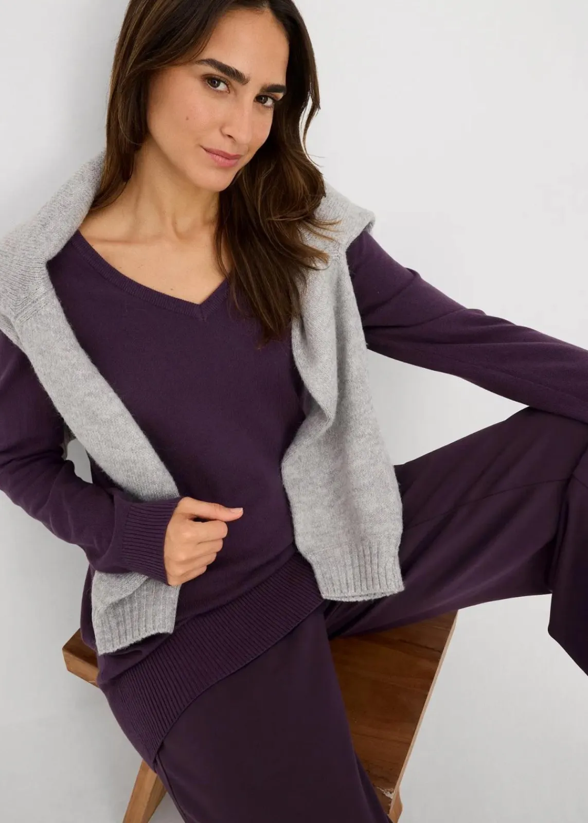 bonprix Strickmode|Pullover & Strickjacken^Basic Longpullover mit V-Ausschnitt pflaume