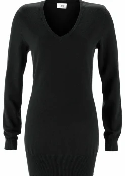 bonprix Strickmode|Pullover & Strickjacken^Basic Longpullover mit V-Ausschnitt schwarz