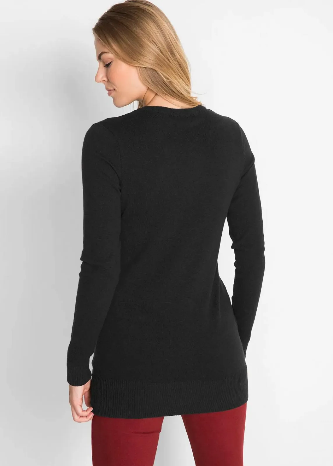 bonprix Strickmode|Pullover & Strickjacken^Basic Longpullover mit V-Ausschnitt schwarz