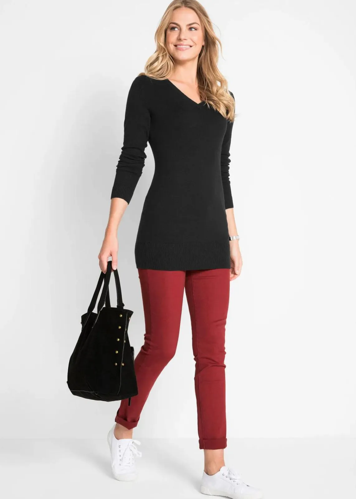 bonprix Strickmode|Pullover & Strickjacken^Basic Longpullover mit V-Ausschnitt schwarz