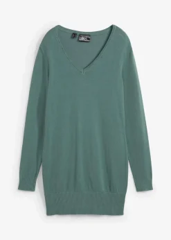 bonprix Strickmode|Pullover & Strickjacken^Basic Longpullover mit V-Ausschnitt graugrün