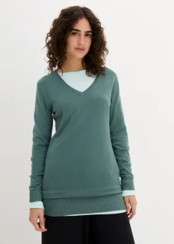 bonprix Strickmode|Pullover & Strickjacken^Basic Longpullover mit V-Ausschnitt graugrün