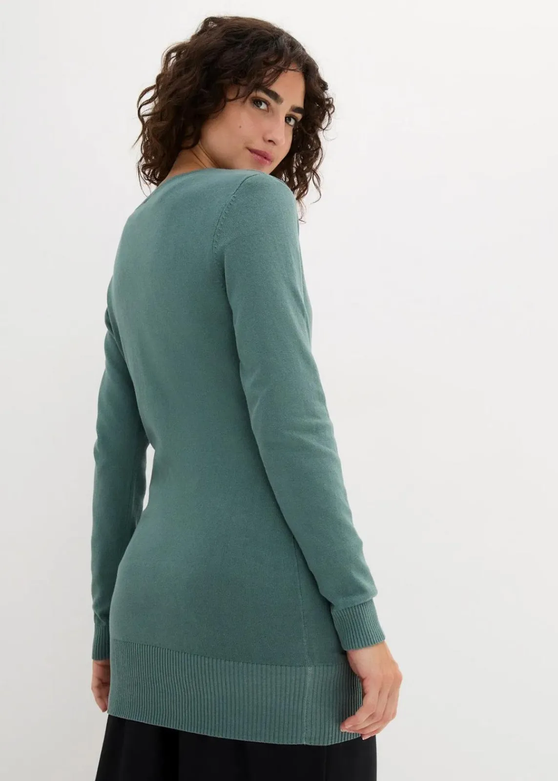 bonprix Strickmode|Pullover & Strickjacken^Basic Longpullover mit V-Ausschnitt graugrün
