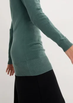 bonprix Strickmode|Pullover & Strickjacken^Basic Longpullover mit V-Ausschnitt graugrün