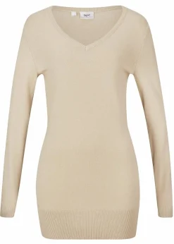 bonprix Strickmode|Pullover & Strickjacken^Basic Longpullover mit V-Ausschnitt hellsand