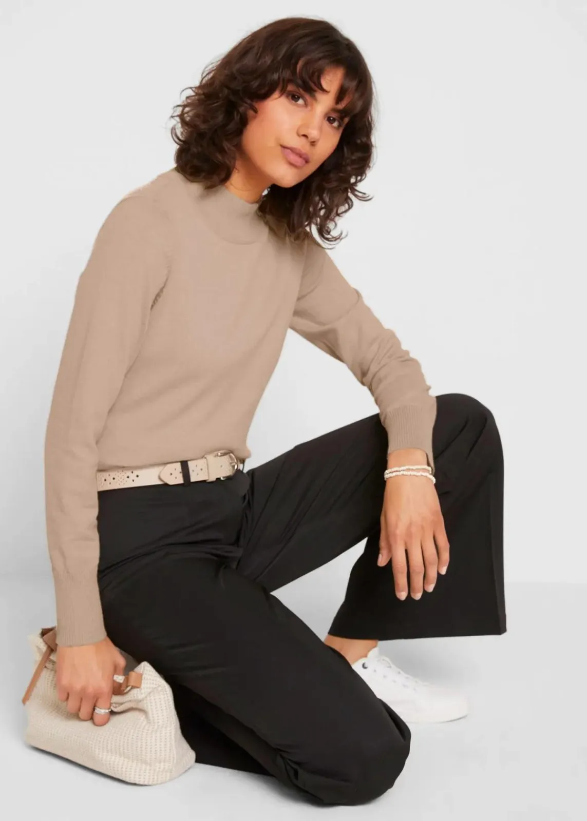 bonprix Pullover & Strickjacken|Basics^Basic Pullover mit Stehkragen mit recycelter Baumwolle beige