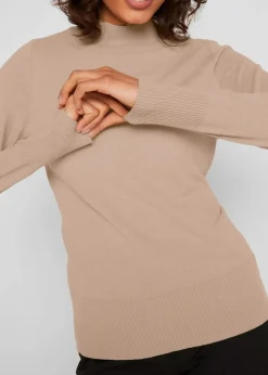 bonprix Pullover & Strickjacken|Basics^Basic Pullover mit Stehkragen mit recycelter Baumwolle beige