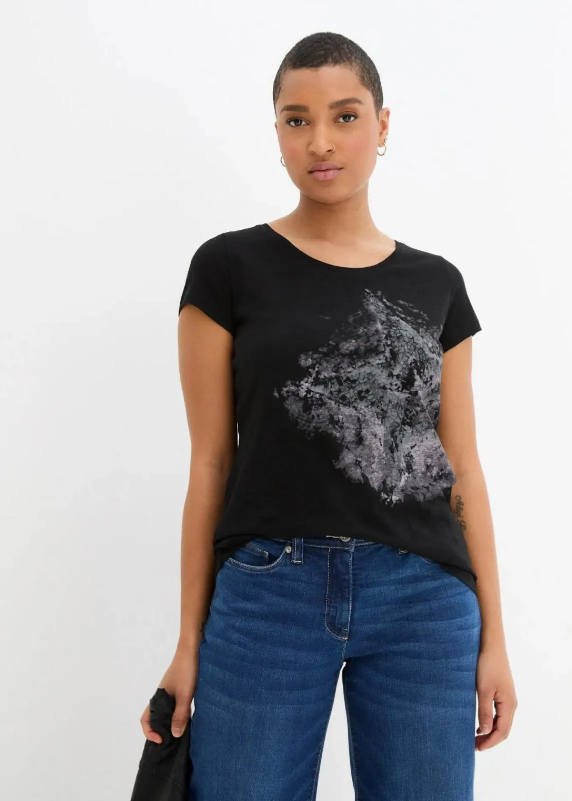 bonprix Shirts & Tops^Baumwoll Flammgarn-Shirt, Kurzarm schwarz bedruckt