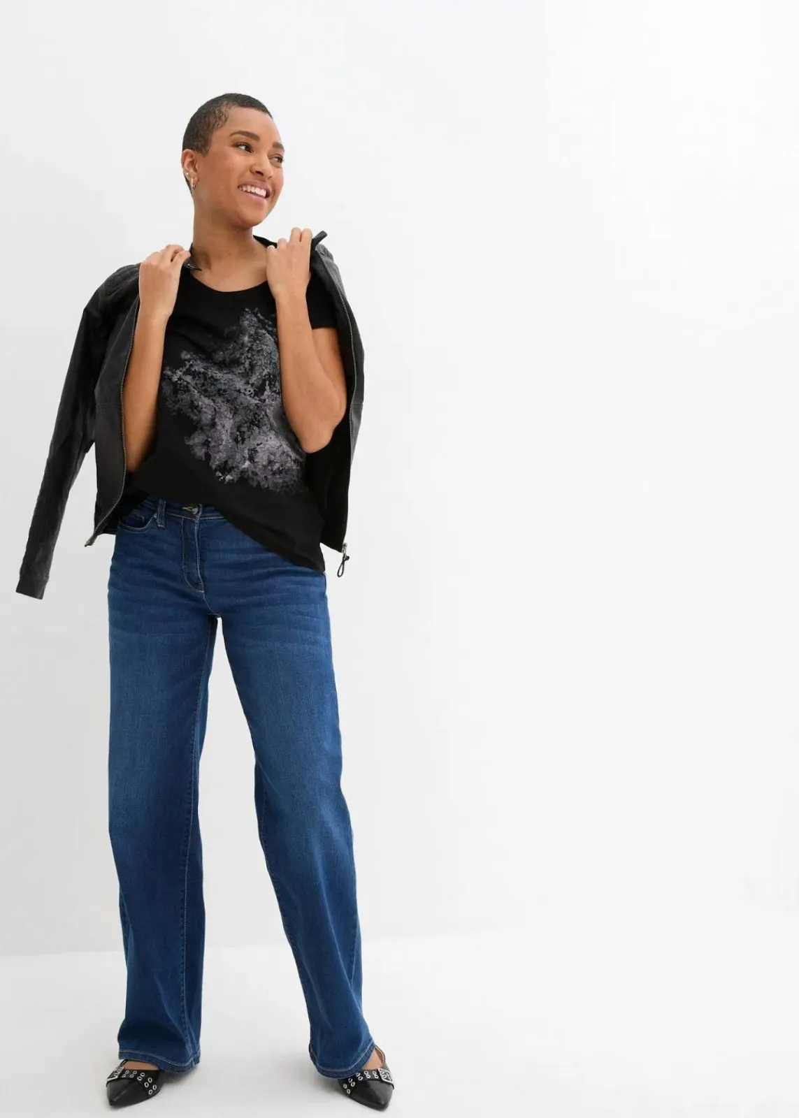 bonprix Shirts & Tops^Baumwoll Flammgarn-Shirt, Kurzarm schwarz bedruckt