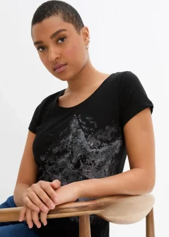 bonprix Shirts & Tops^Baumwoll Flammgarn-Shirt, Kurzarm schwarz bedruckt