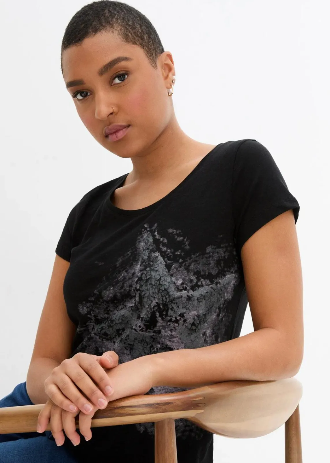 bonprix Shirts & Tops^Baumwoll Flammgarn-Shirt, Kurzarm schwarz bedruckt