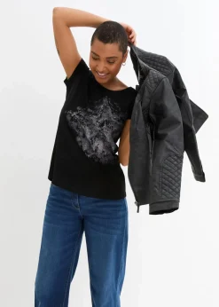 bonprix Shirts & Tops^Baumwoll Flammgarn-Shirt, Kurzarm schwarz bedruckt