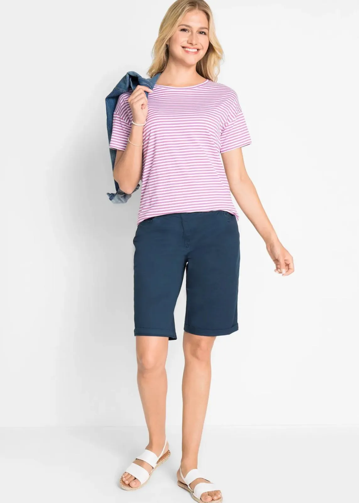 bonprix Bekleidung·Outdoorbekleidung|Bekleidung·Kleider^Baumwoll Papertouch-Bermuda mit Bequembund dunkelblau