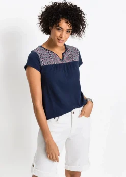 bonprix Shirts & Tops^Baumwoll Shirt in A-Form, bedruckt, Kurzarm dunkelblau