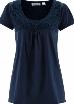 bonprix Nachhaltigere Materialien|Shirts & Tops^Baumwoll Shirt mit Spitze, Kurzarm dunkelblau