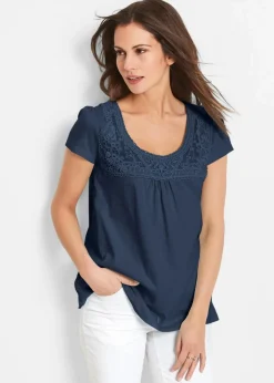 bonprix Nachhaltigere Materialien|Shirts & Tops^Baumwoll Shirt mit Spitze, Kurzarm dunkelblau