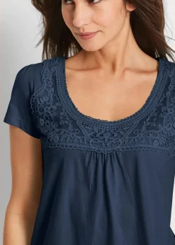 bonprix Nachhaltigere Materialien|Shirts & Tops^Baumwoll Shirt mit Spitze, Kurzarm dunkelblau