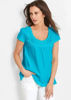 bonprix Shirts & Tops|Nachhaltigere Materialien^Baumwoll Shirt mit Spitze, Kurzarm karibikblau