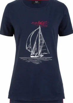 bonprix Nachhaltigere Materialien|Shirts & Tops^Baumwoll T-Shirt mit Seitenschlitz und Druck dunkelblau bedruckt