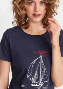 bonprix Nachhaltigere Materialien|Shirts & Tops^Baumwoll T-Shirt mit Seitenschlitz und Druck dunkelblau bedruckt